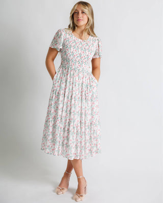 Floral Print Short Sleeve Smocked Midi Length Spring Dress |SFB