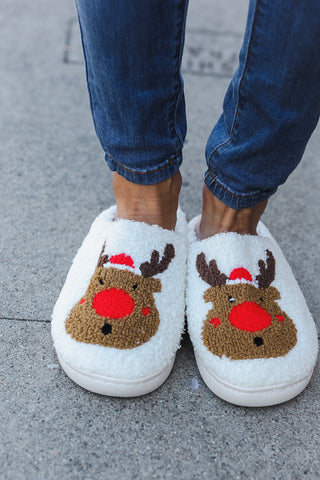 Holiday Red Nose Reindeer Print Fleece Slippers