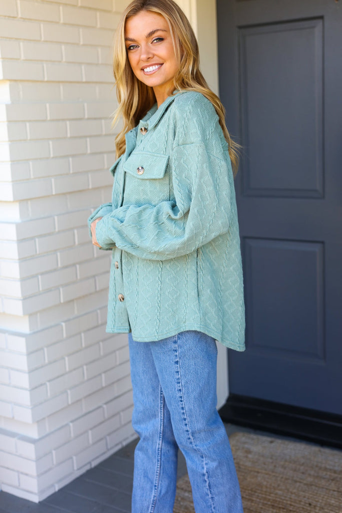 Casual Savvy Sage Cable Knit Button Down Shacket |SFB