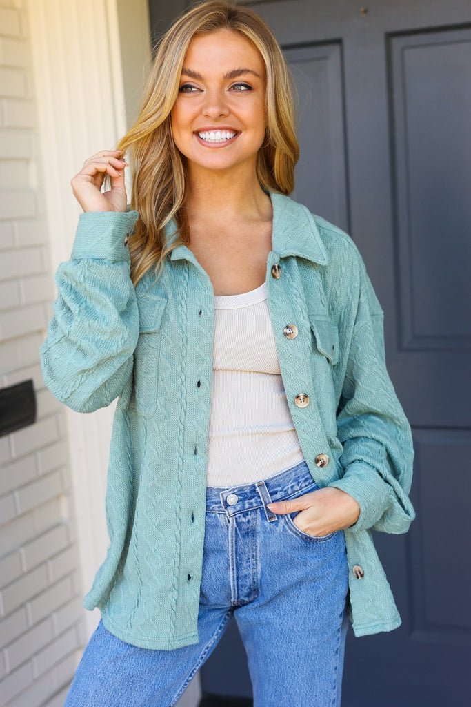Casual Savvy Sage Cable Knit Button Down Shacket |SFB