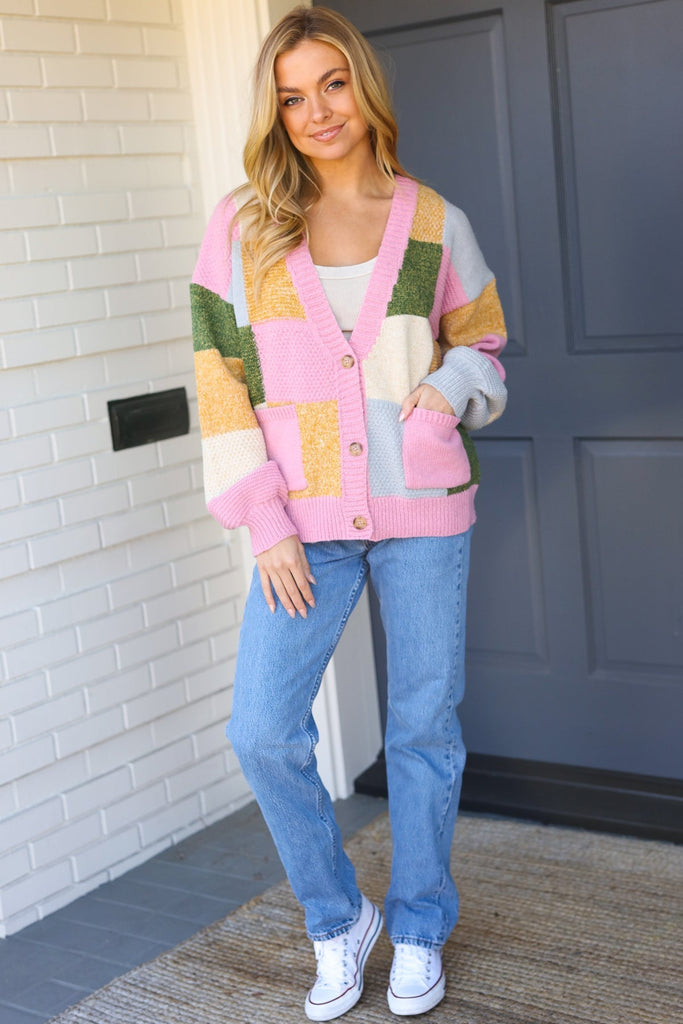 Very Connected Dusty Pink Patchwork Color Block Cardigan |SFB