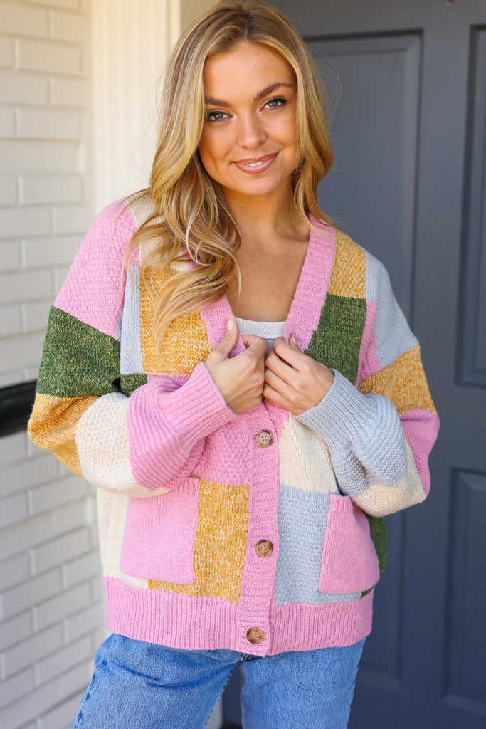 Very Connected Dusty Pink Patchwork Color Block Cardigan |SFB