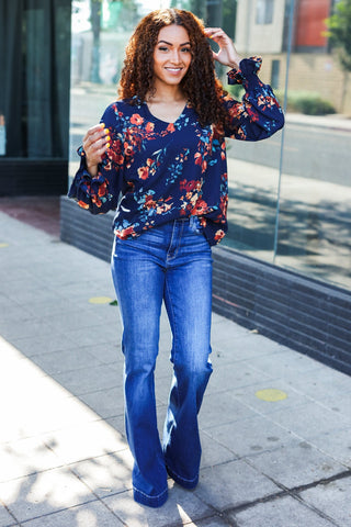 Lovely In Navy Floral Print Smocked Bubble Sleeve Woven Top |SFB