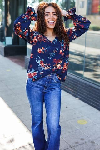 Lovely In Navy Floral Print Smocked Bubble Sleeve Woven Top |SFB