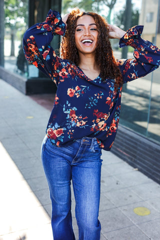 Lovely In Navy Floral Print Smocked Bubble Sleeve Woven Top |SFB