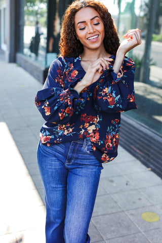 Lovely In Navy Floral Print Smocked Bubble Sleeve Woven Top |SFB