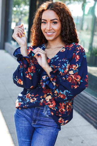 Lovely In Navy Floral Print Smocked Bubble Sleeve Woven Top |SFB