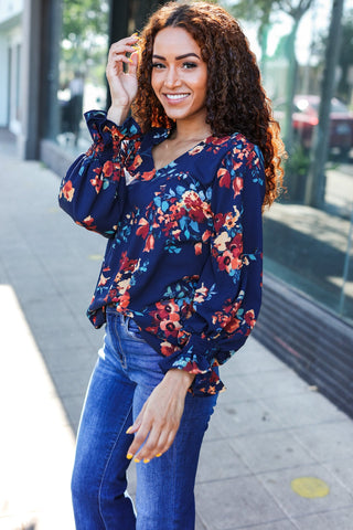 Lovely In Navy Floral Print Smocked Bubble Sleeve Woven Top |SFB