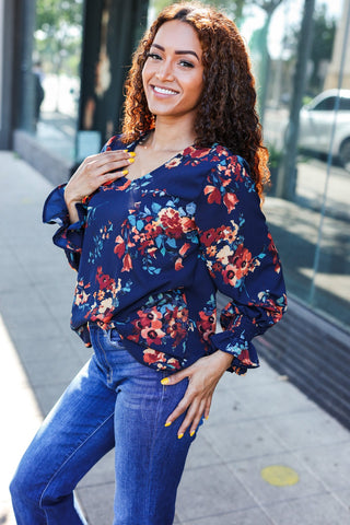 Lovely In Navy Floral Print Smocked Bubble Sleeve Woven Top |SFB