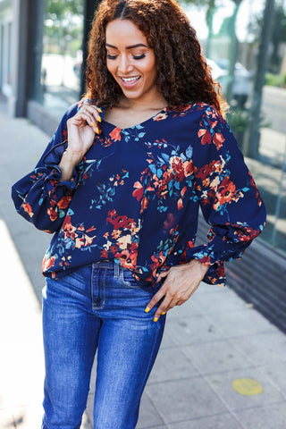 Lovely In Navy Floral Print Smocked Bubble Sleeve Woven Top |SFB