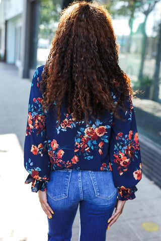 Lovely In Navy Floral Print Smocked Bubble Sleeve Woven Top |SFB