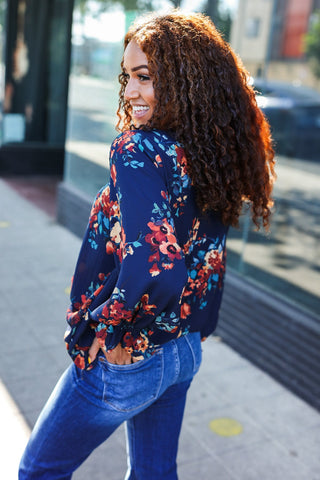 Lovely In Navy Floral Print Smocked Bubble Sleeve Woven Top |SFB