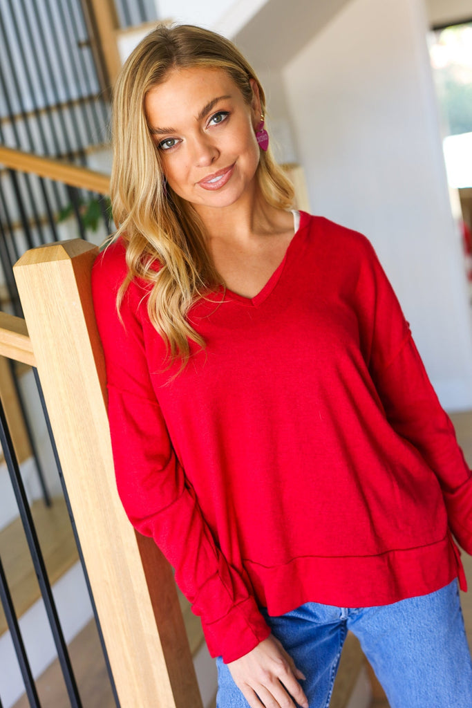 Sweet On You Red Hacci Notched Neck Raglan Top |SFB