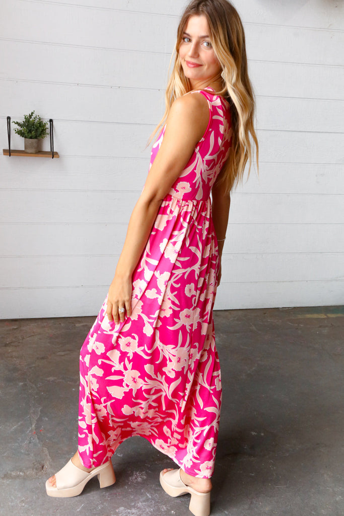 Pink Floral Print Fit and Flare Sleeveless Maxi Dress |SFB