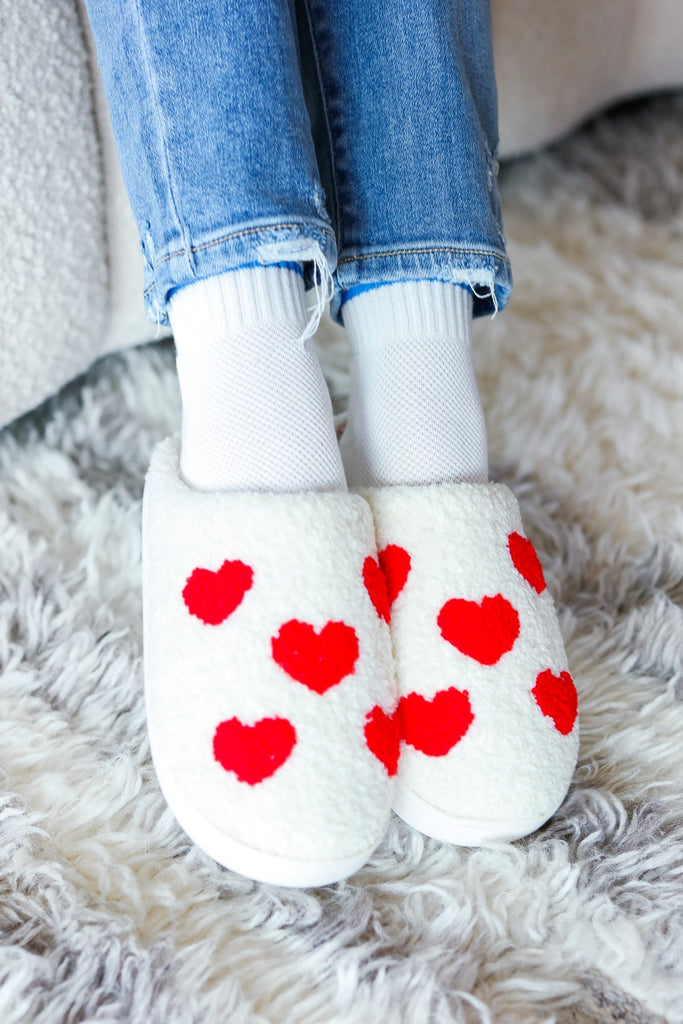 Valentines Heart Print Fleece Slippers |SFB