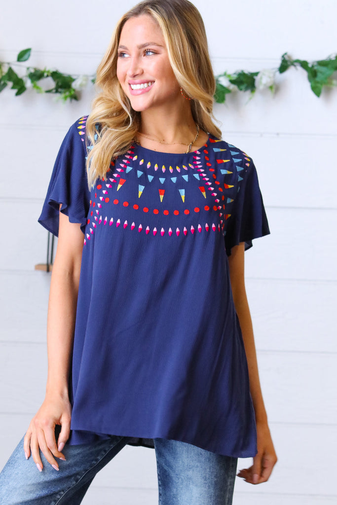 Navy Geometric Embroidered Flutter Sleeve Top |SFB