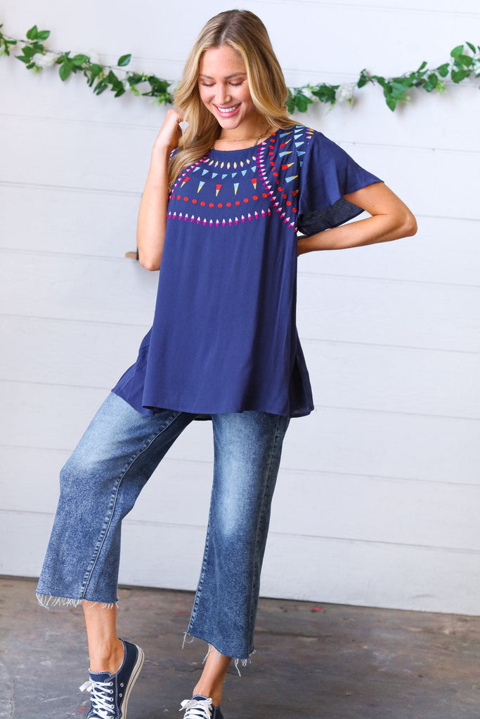 Navy Geometric Embroidered Flutter Sleeve Top |SFB