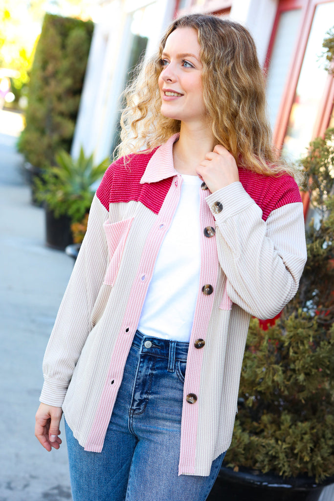 Give Joy Cranberry Ribbed Colorblock Button Down Shacket |SFB