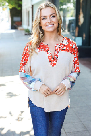 Rust & Oatmeal Plaid Floral Color Block Notch Neck Top