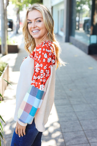 Rust & Oatmeal Plaid Floral Color Block Notch Neck Top