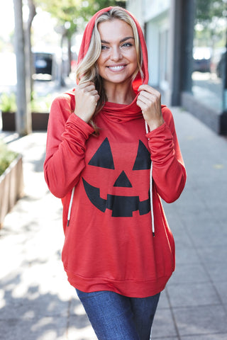 Orange Jack-O-Lantern French Terry Thumb Hole Double Hoodie