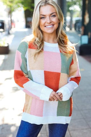 Ivory & Rust Checker Jacquard Knit Sweater