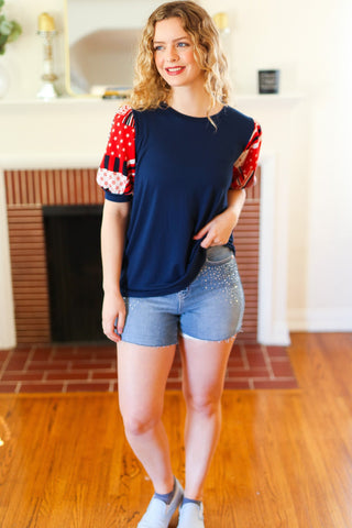 Holiday Stand-Out Navy Patriotic Patchwork Puff Sleeve Top