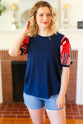 Holiday Stand-Out Navy Patriotic Patchwork Puff Sleeve Top