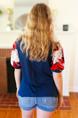 Holiday Stand-Out Navy Patriotic Patchwork Puff Sleeve Top