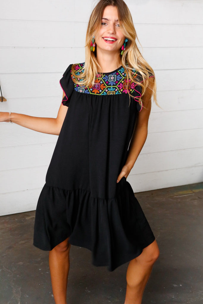 Black Crepe Neon Floral Embroidery Flutter Sleeve Dress |SFB