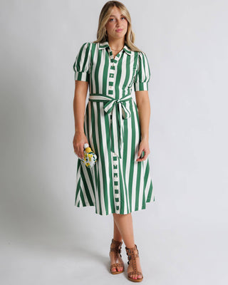 Green and White Stripe Short Sleeve Button Down  Shirt Dress |SFB