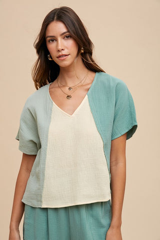 Color Block Cotton Gauze V-neck Top |SFB