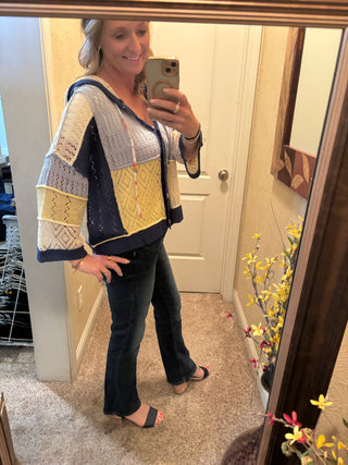 Patchwork Knit Hoodie Cardigan with Button Detail |SFB