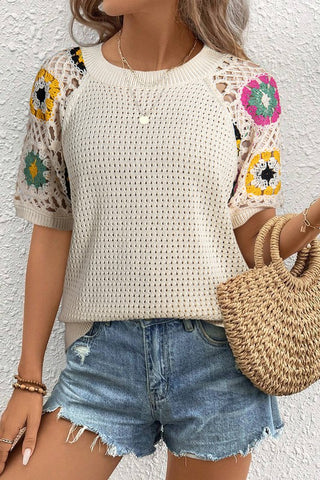 Hollow Out Floral Crochet Short Sleeve Sweater|SFB
