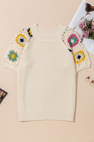 Hollow Out Floral Crochet Short Sleeve Sweater|SFB