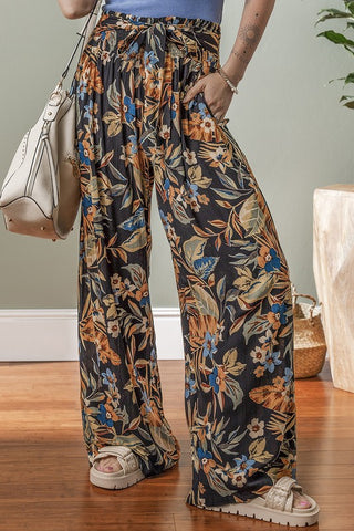 Floral Shirred High Waist Pants With Tie |SFB