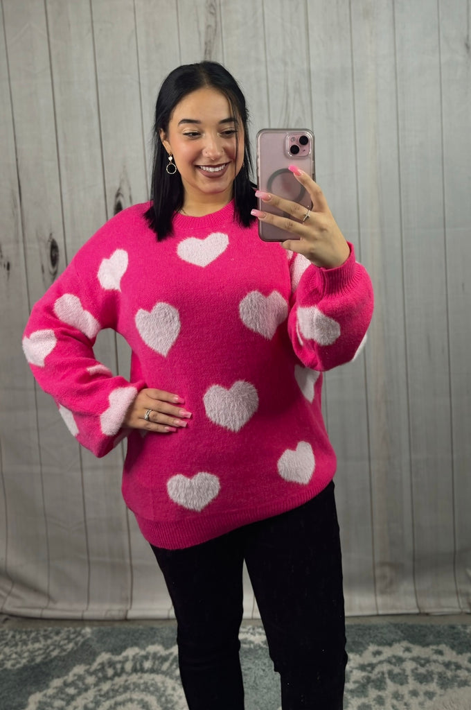 Bright Pink Fuzzy Valentine Hearts Drop Shoulder Sweater |SFB