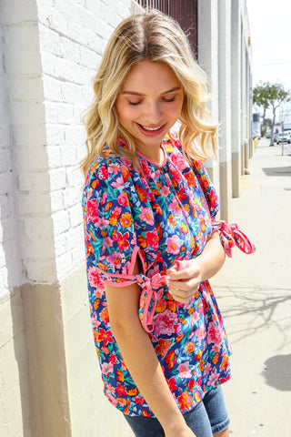 Feeling Femme Navy Floral Print Ribbon Bow Tie Sleeve Blouse
