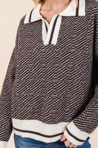Chevron Print Long Sleeve Collared Sweater |SFB