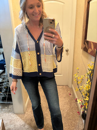 Patchwork Knit Hoodie Cardigan with Button Detail |SFB