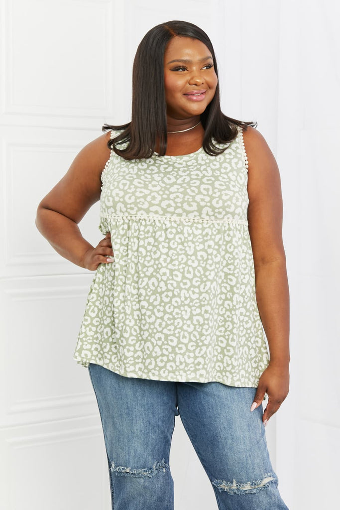 Celeste Next To You Full Size Lace Detail Sleeveless Top in Sage Leopard |SFB
