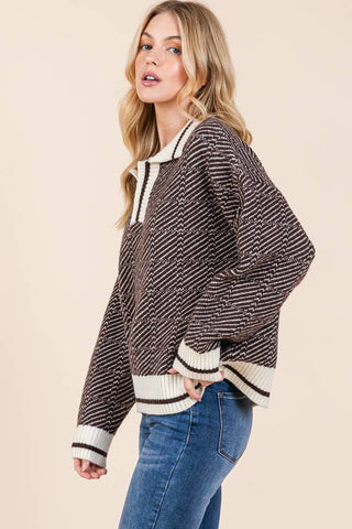 Chevron Print Long Sleeve Collared Sweater |SFB