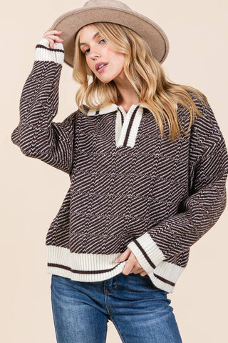 Chevron Print Long Sleeve Collared Sweater |SFB