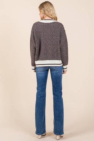 Chevron Print Long Sleeve Collared Sweater |SFB