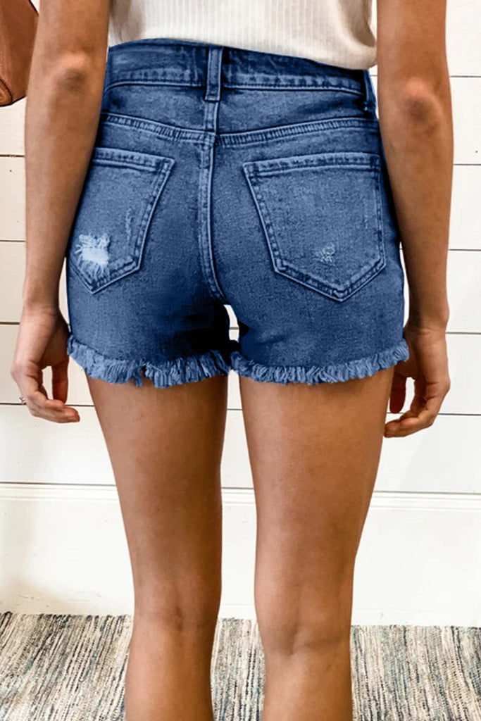 Frayed Hem Single-Breasted Ripped Denim Shorts |SFB
