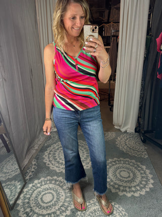 Striped Print Henley Neck Tank Top |SFB