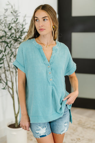Basic Fade V-Neck Acid Wash Top in Dusty Teal |SFB