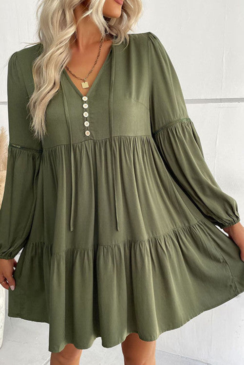 Green Lace Puff Sleeve Buttoned Tiered Ruffled Mini Dress |SFB