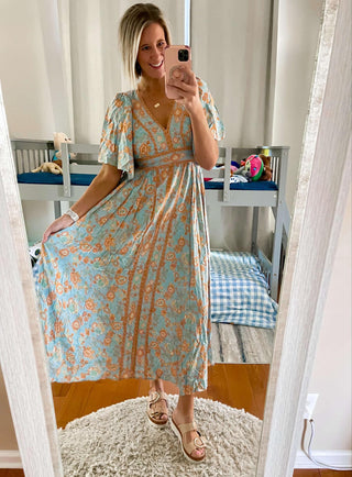 Border Print Flutter Sleeve Maxi |SFB