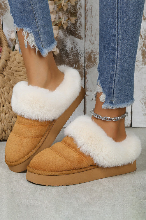 Camel Plush Suede Patchwork Thick Sole Slippers |SFB